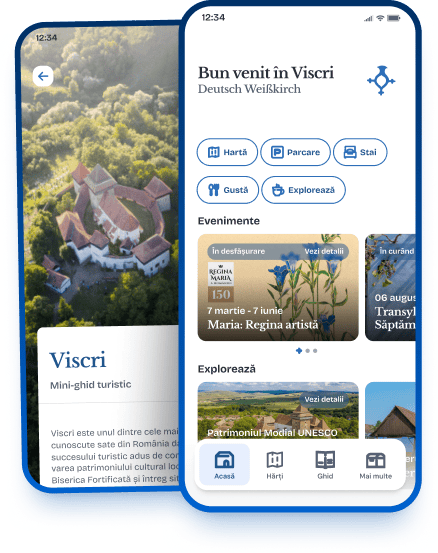 Aplicația Viscri — ecranul principal și ghidul turistic